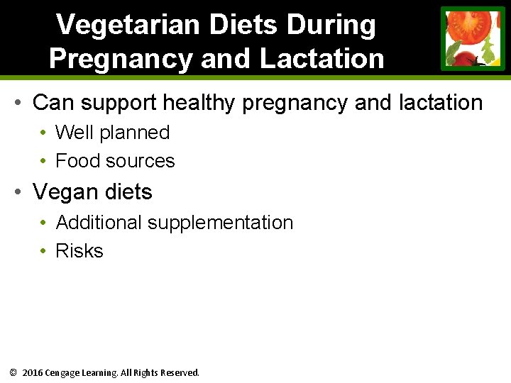 Vegetarian Diets During Pregnancy and Lactation • Can support healthy pregnancy and lactation • Vegetarian Diets During Pregnancy and Lactation • Can support healthy pregnancy and lactation •