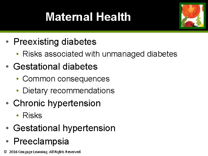 Maternal Health • Preexisting diabetes • Risks associated with unmanaged diabetes • Gestational diabetes Maternal Health • Preexisting diabetes • Risks associated with unmanaged diabetes • Gestational diabetes