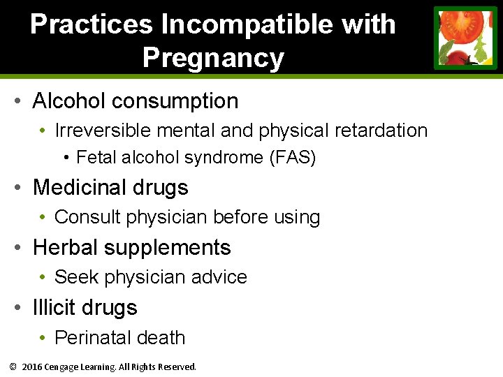 Practices Incompatible with Pregnancy • Alcohol consumption • Irreversible mental and physical retardation • Practices Incompatible with Pregnancy • Alcohol consumption • Irreversible mental and physical retardation •