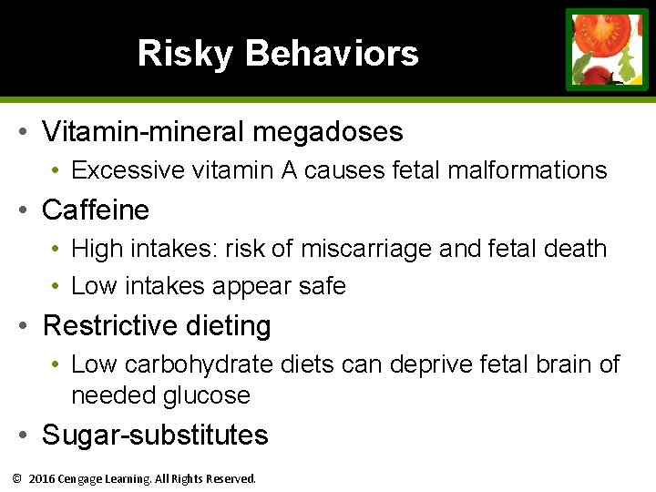 Risky Behaviors • Vitamin-mineral megadoses • Excessive vitamin A causes fetal malformations • Caffeine Risky Behaviors • Vitamin-mineral megadoses • Excessive vitamin A causes fetal malformations • Caffeine