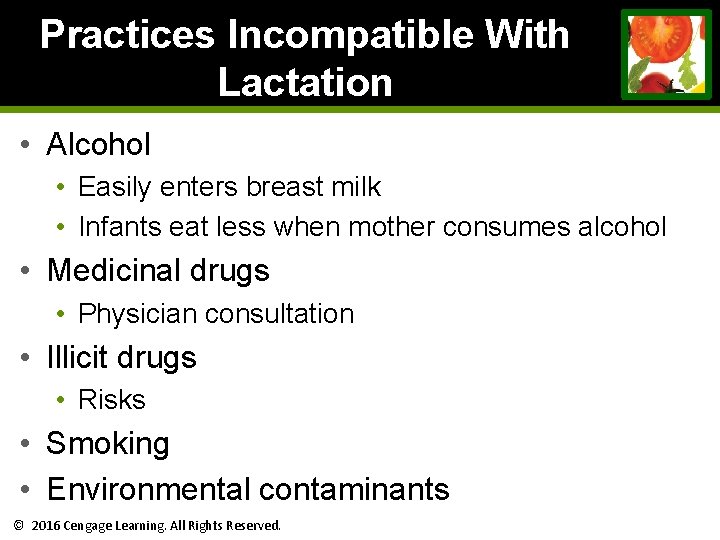Practices Incompatible With Lactation • Alcohol • Easily enters breast milk • Infants eat Practices Incompatible With Lactation • Alcohol • Easily enters breast milk • Infants eat