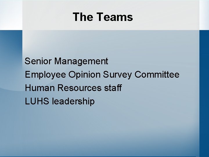 The Teams Senior Management Employee Opinion Survey Committee Human Resources staff LUHS leadership 