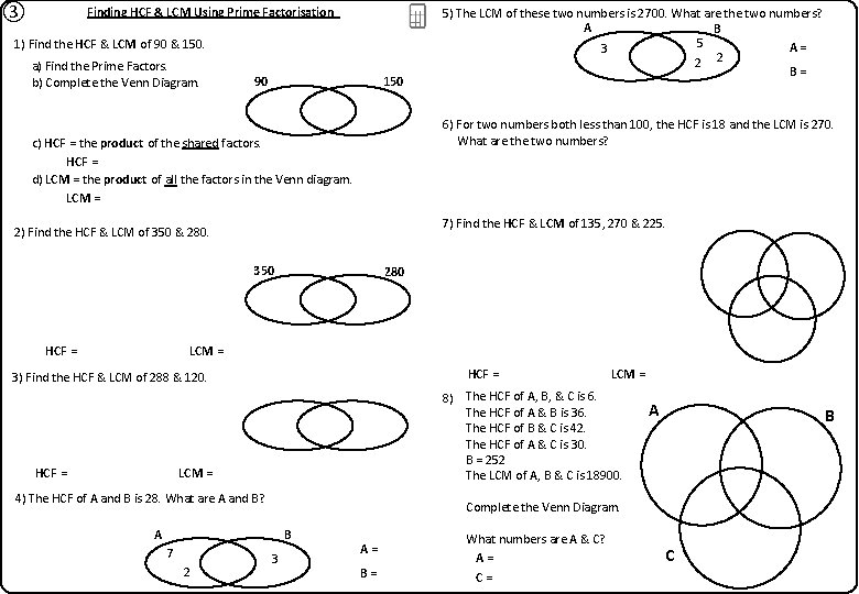 ③ Finding HCF & LCM Using Prime Factorisation 1) Find the HCF & LCM