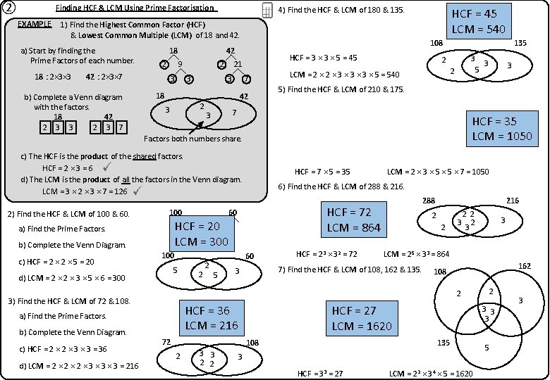 ② Finding HCF & LCM Using Prime Factorisation EXAMPLE 4) Find the HCF &