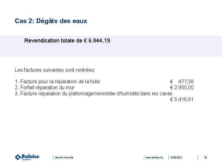 Cas 2: Dégâts des eaux Revendication totale de € 6. 844, 19 Les factures