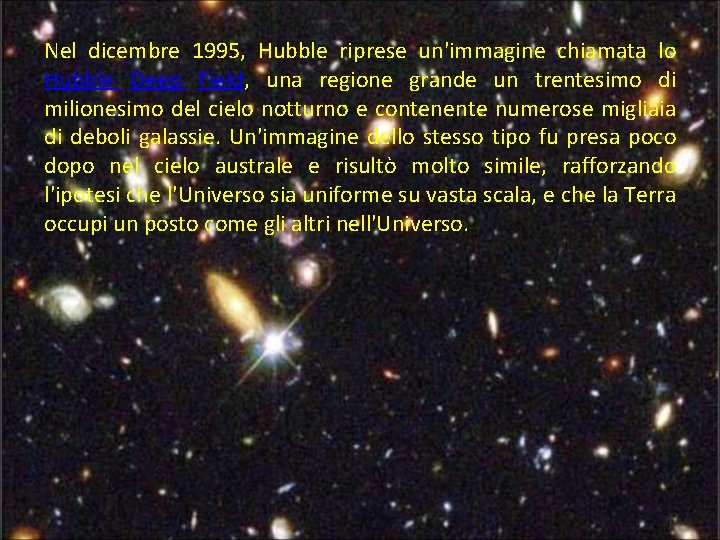 Nel dicembre 1995, Hubble riprese un'immagine chiamata lo Hubble Deep Field, una regione grande