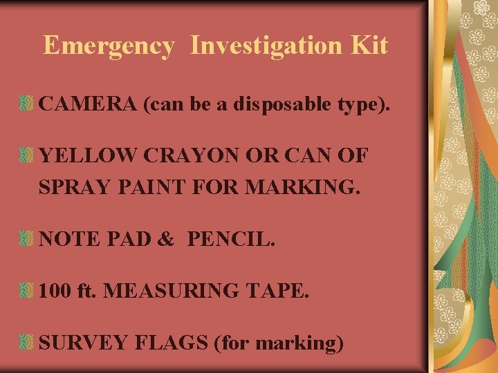Emergency Investigation Kit CAMERA (can be a disposable type). YELLOW CRAYON OR CAN OF
