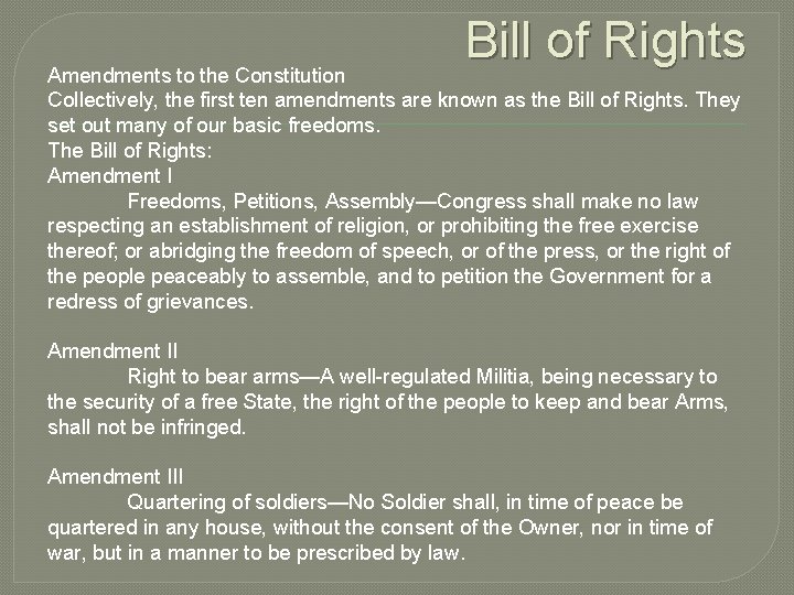 Bill of Rights Amendments to the Constitution Collectively, the first ten amendments are known