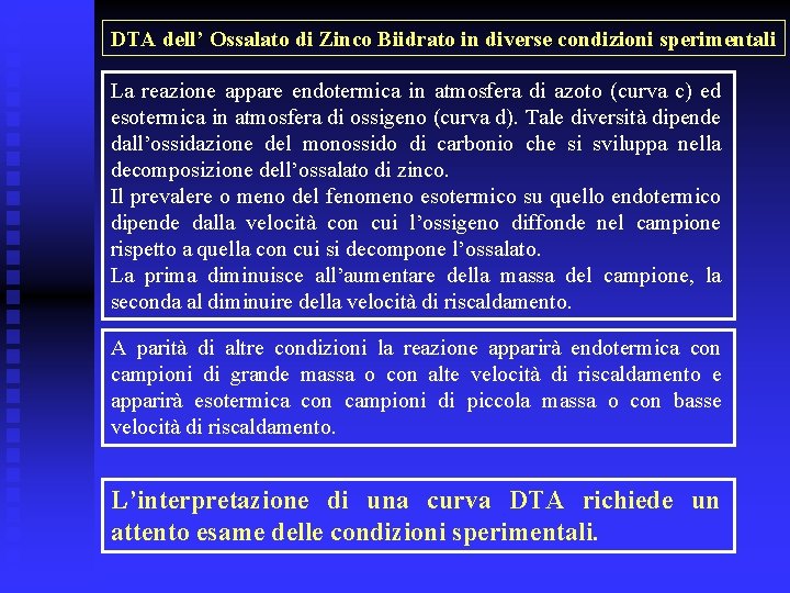 DTA dell’ Ossalato di Zinco Biidrato in diverse condizioni sperimentali La reazione appare endotermica