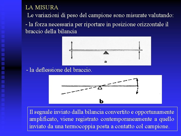 LA MISURA Le variazioni di peso del campione sono misurate valutando: - la forza