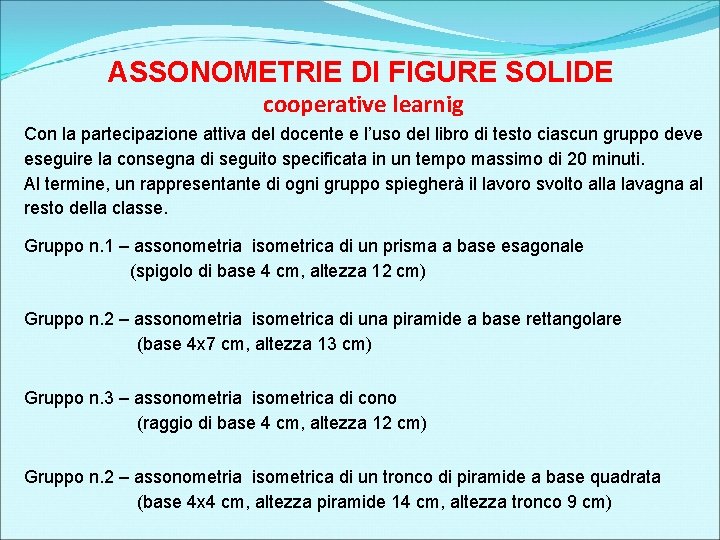 ASSONOMETRIE DI FIGURE SOLIDE cooperative learnig Con la partecipazione attiva del docente e l’uso