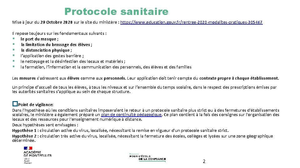 Protocole sanitaire Mise à jour du 29 Octobre 2020 sur le site du ministère