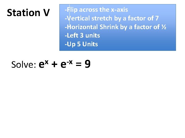 -Flip across the x-axis -Vertical stretch by a factor of 7 -Horizontal Shrink by