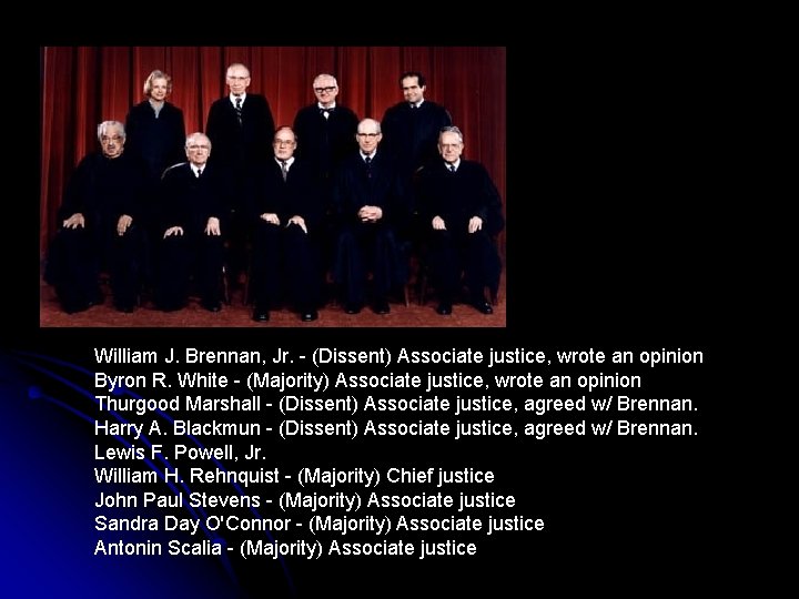 William J. Brennan, Jr. - (Dissent) Associate justice, wrote an opinion Byron R. White