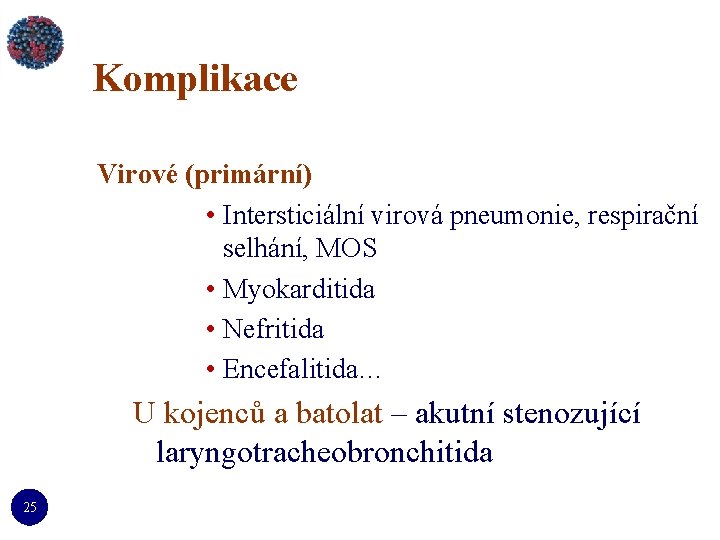 Komplikace Virové (primární) • Intersticiální virová pneumonie, respirační selhání, MOS • Myokarditida • Nefritida