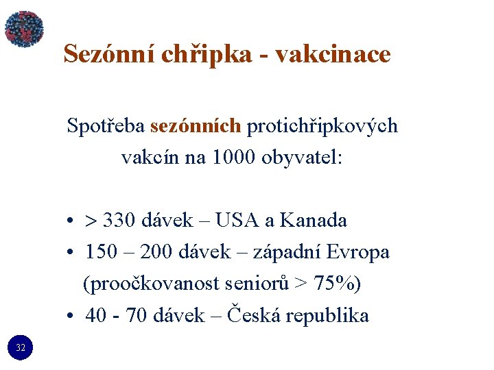 Sezónní chřipka - vakcinace Spotřeba sezónních protichřipkových vakcín na 1000 obyvatel: • 330 dávek