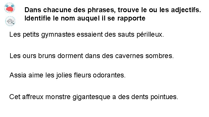 Dans chacune des phrases, trouve le ou les adjectifs. Identifie le nom auquel il