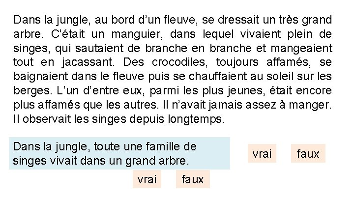 Dans la jungle, au bord d’un fleuve, se dressait un très grand arbre. C’était Dans la jungle, au bord d’un fleuve, se dressait un très grand arbre. C’était