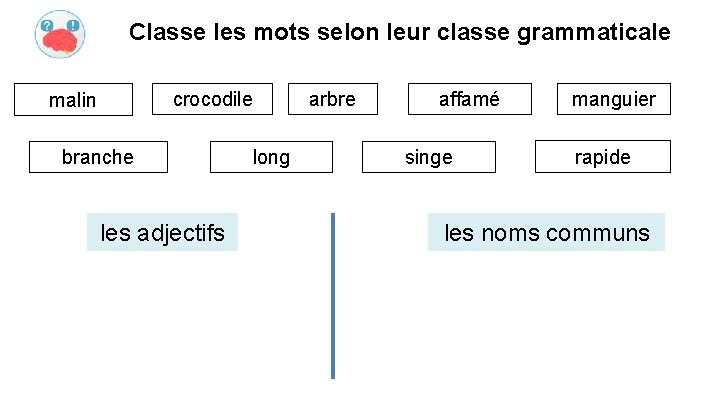 Classe les mots selon leur classe grammaticale crocodile malin branche les adjectifs long arbre