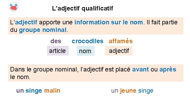 L’adjectif qualificatif L’adjectif apporte une information sur le nom. Il fait partie du groupe