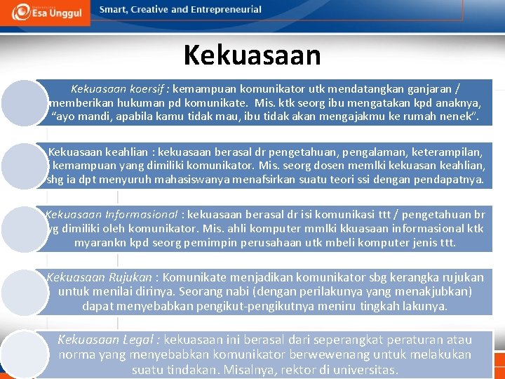 Kekuasaan koersif : kemampuan komunikator utk mendatangkan ganjaran / memberikan hukuman pd komunikate. Mis.