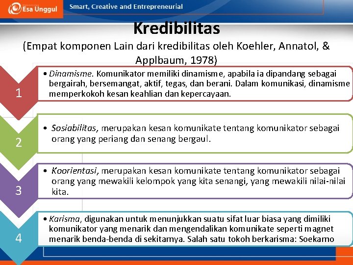 Kredibilitas (Empat komponen Lain dari kredibilitas oleh Koehler, Annatol, & Applbaum, 1978) 1 2 Kredibilitas (Empat komponen Lain dari kredibilitas oleh Koehler, Annatol, & Applbaum, 1978) 1 2