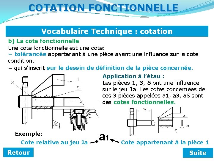 COTATION FONCTIONNELLE Vocabulaire Technique : cotation b) La cote fonctionnelle Une cote fonctionnelle est COTATION FONCTIONNELLE Vocabulaire Technique : cotation b) La cote fonctionnelle Une cote fonctionnelle est