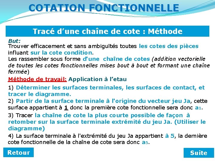 COTATION FONCTIONNELLE Tracé d’une chaîne de cote : Méthode But: Trouver efficacement et sans COTATION FONCTIONNELLE Tracé d’une chaîne de cote : Méthode But: Trouver efficacement et sans