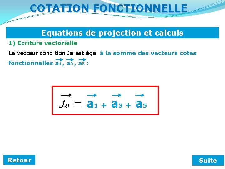 COTATION FONCTIONNELLE Equations de projection et calculs 1) Ecriture vectorielle Le vecteur condition Ja COTATION FONCTIONNELLE Equations de projection et calculs 1) Ecriture vectorielle Le vecteur condition Ja