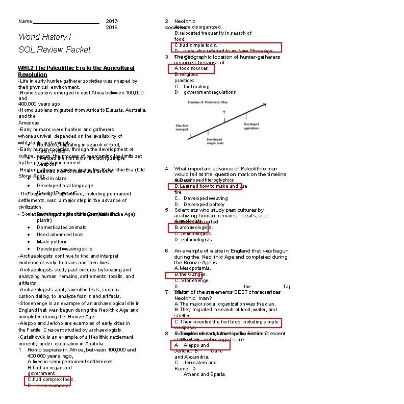 Name 20172018 World History I SOL Review Packet WHI. 2 The Paleolithic Era to