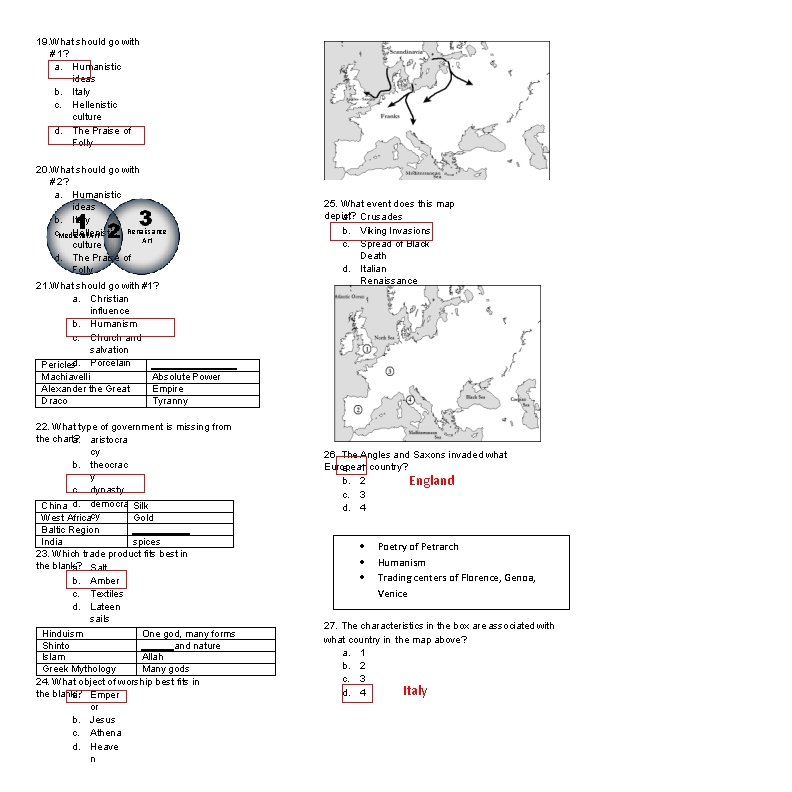 19. What should go with # 1? a. Humanistic ideas b. Italy c. Hellenistic