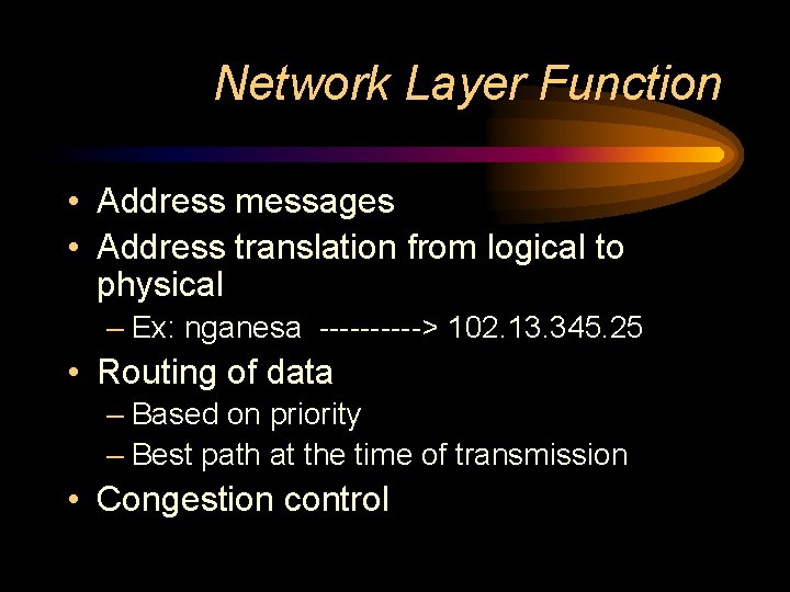 Network Layer Function • Address messages • Address translation from logical to physical –