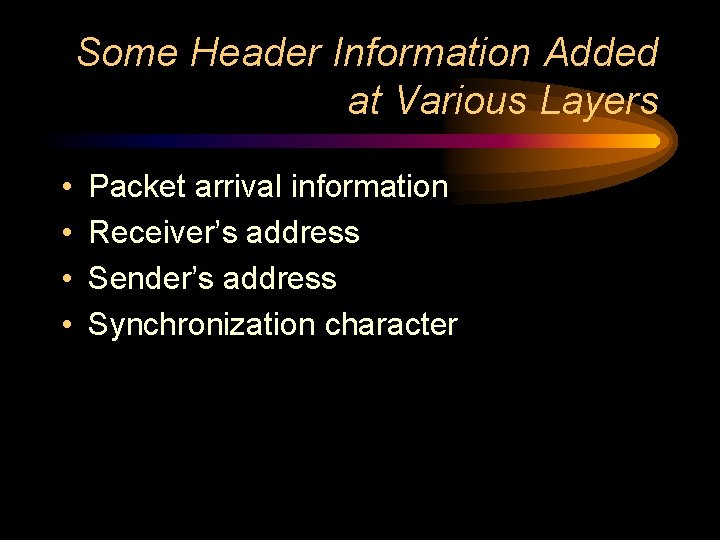 Some Header Information Added at Various Layers • • Packet arrival information Receiver’s address