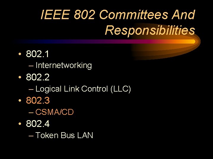 IEEE 802 Committees And Responsibilities • 802. 1 – Internetworking • 802. 2 –