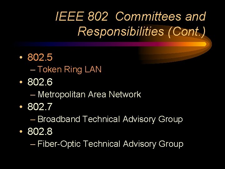 IEEE 802 Committees and Responsibilities (Cont. ) • 802. 5 – Token Ring LAN