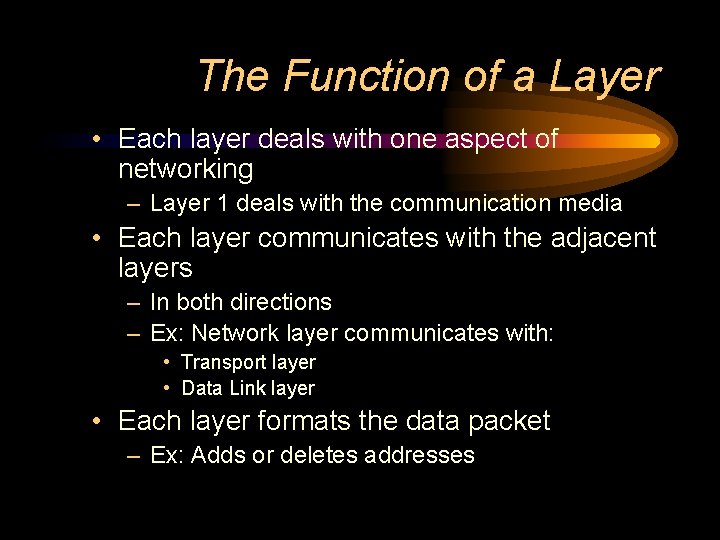 The Function of a Layer • Each layer deals with one aspect of networking