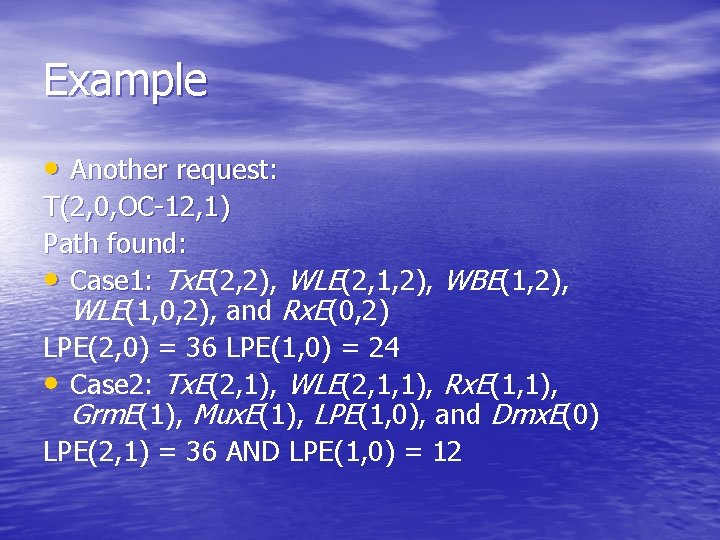 Example • Another request: T(2, 0, OC-12, 1) Path found: • Case 1: Tx.