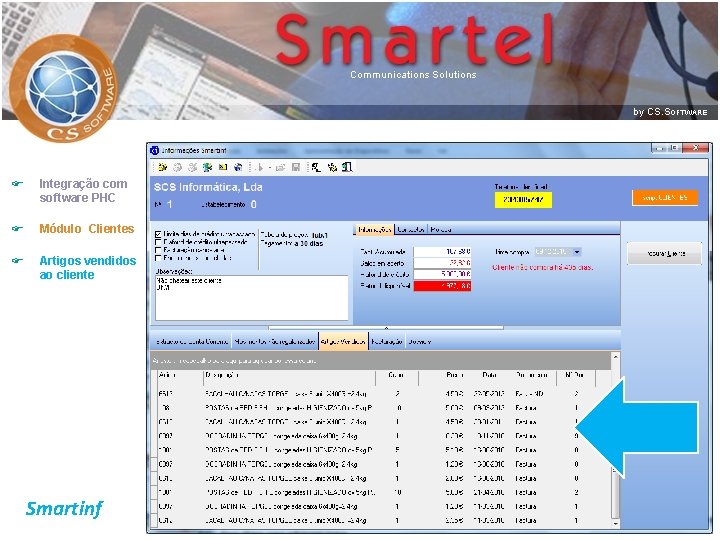 F Integração com software PHC F Módulo Clientes F Artigos vendidos ao cliente Smartinf