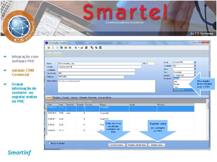 F Integração com software PHC F módulo CRM Comercial F Gravar informação do contacto