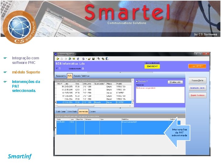 F Integração com software PHC F módulo Suporte F Intervenções da PAT seleccionada Smartinf