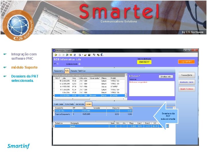 F Integração com software PHC F módulo Suporte F Dossiers da PAT seleccionada Smartinf