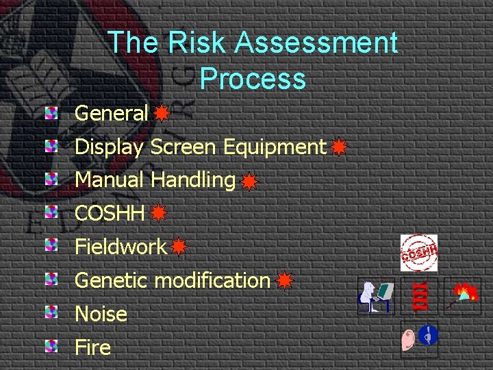 The Risk Assessment Process General Display Screen Equipment Manual Handling COSHH Fieldwork Genetic modification