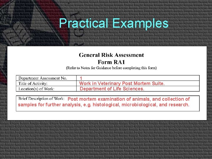 Practical Examples 1 Work in Veterinary Post Mortem Suite. Department of Life Sciences. Post