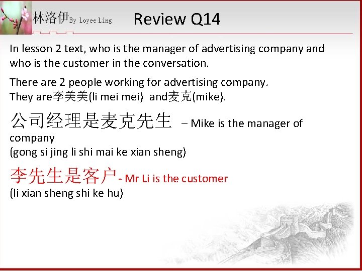 Review Q 14 In lesson 2 text, who is the manager of advertising company