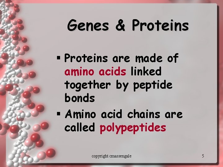 Genes & Proteins § Proteins are made of amino acids linked together by peptide