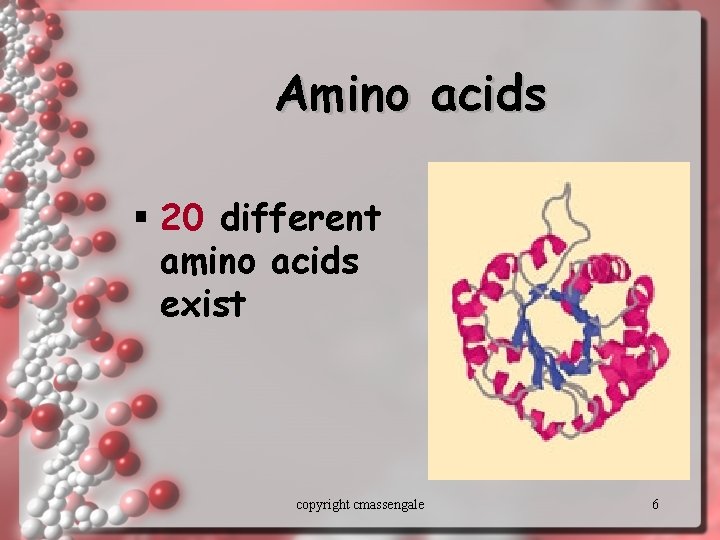 Amino acids § 20 different amino acids exist copyright cmassengale 6 