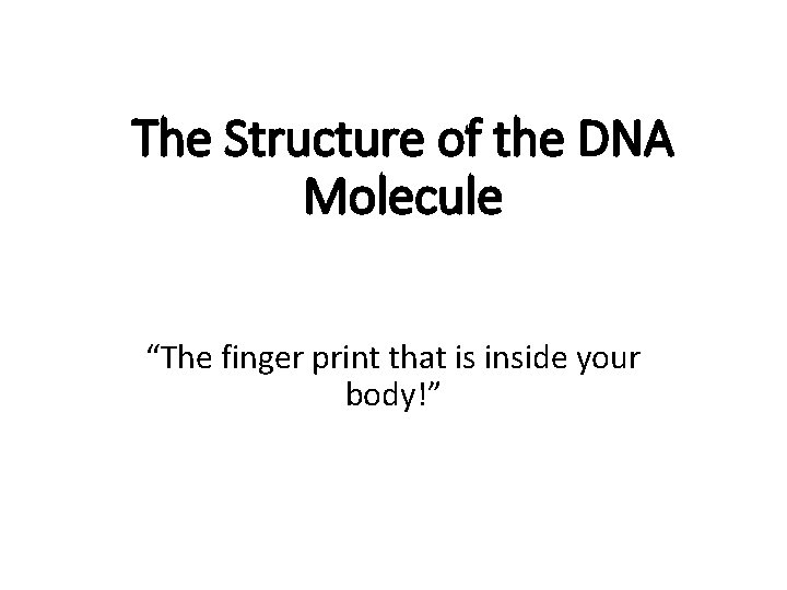 The Structure of the DNA Molecule “The finger print that is inside your body!” The Structure of the DNA Molecule “The finger print that is inside your body!”
