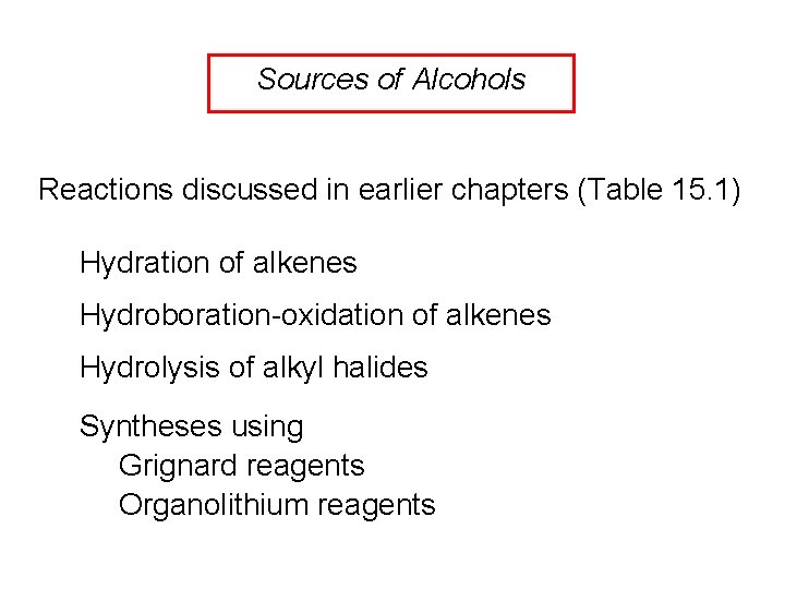 Sources of Alcohols Reactions discussed in earlier chapters (Table 15. 1) Hydration of alkenes