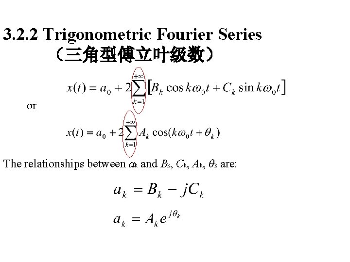 3. 2. 2 Trigonometric Fourier Series (三角型傅立叶级数) or The relationships between ak and Bk, 3. 2. 2 Trigonometric Fourier Series (三角型傅立叶级数) or The relationships between ak and Bk,