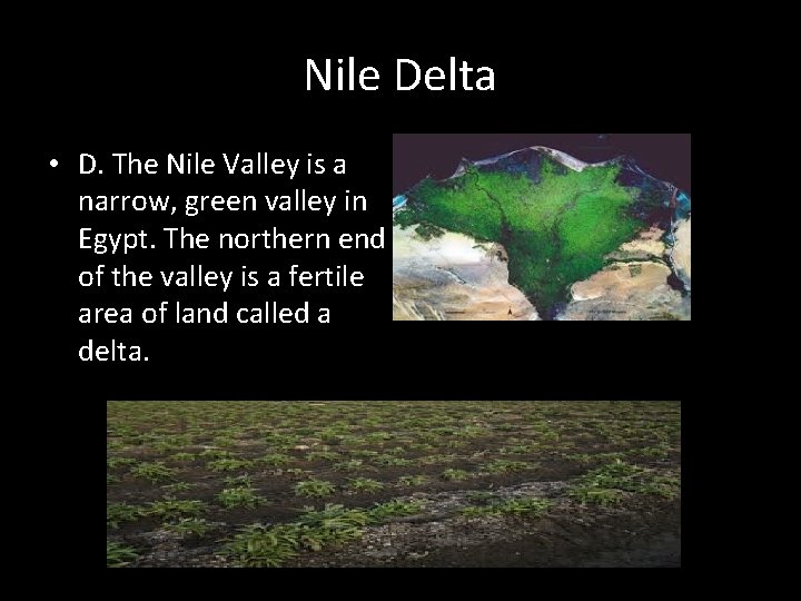 Nile Delta • D. The Nile Valley is a narrow, green valley in Egypt.